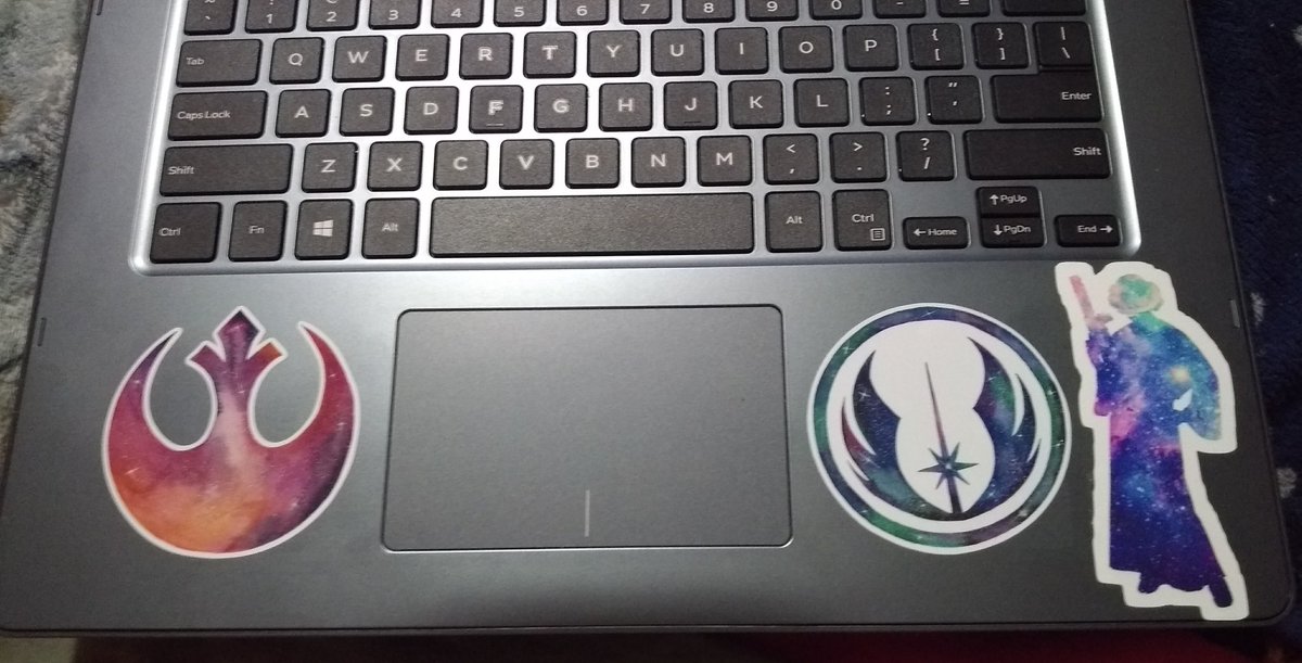 Laptop, inside near keyboard, Star wars stickers (Rebel and Jedi logo, princess Leia)