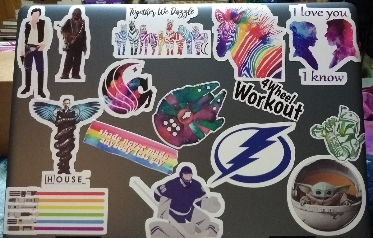Top of laptop, Star Wars stickers (Han, Chewie, Millennium Falcon, baby Yoda, boba Fett, I love you/I know, lightsabers forming pride flag), House MD, Rainbow Zebra, Disabled Zebras (together we dazzle), 4 Wheel Workout, UCF Pegasus, Tampa Bay lightning logo and goalie, text: shade never made anyone less gay (Taylor Swift)