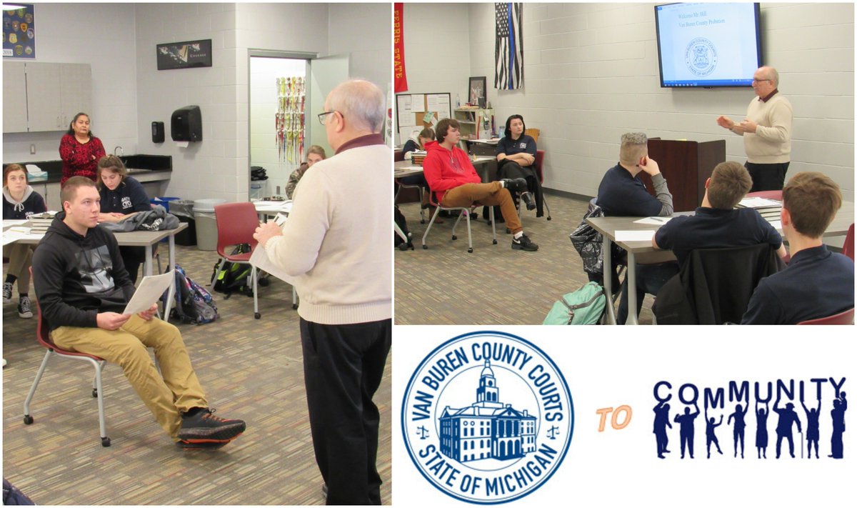 VanBurenCourts's tweet photo. Staff from VB Court's Probation Office met with William Baker's criminal justice class at Allegan's Vo-Tech Center. Students learned about probation and correctional programs and asked questions of the presenters. #CourtToCommunity engagement in action! https://t.co/rO5BLeBlOh