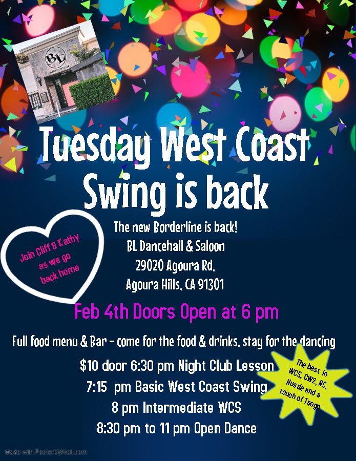 Happy feet: After a lengthy hiatus, the West Coast Swing group that for 20-plus years danced every week at Borderline Bar in Thousand Oaks will do their thing tonight at the new BL Dancehall &amp; Saloon in Agoura. Thrilled for Cliff Housego and the crew. They found a new home.