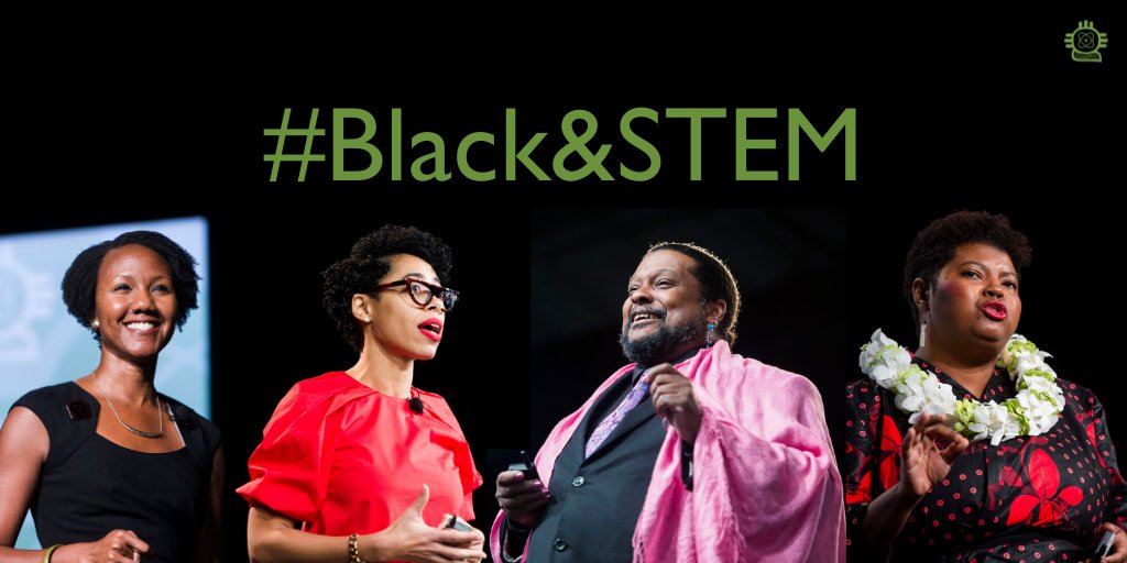 Collage of SACNAS members Dr. Sherilynn Black, Dr. Knatokie Ford, Dr. Tyrone Hayes, and Dr. Danielle Lee; text "#Black&STEM"