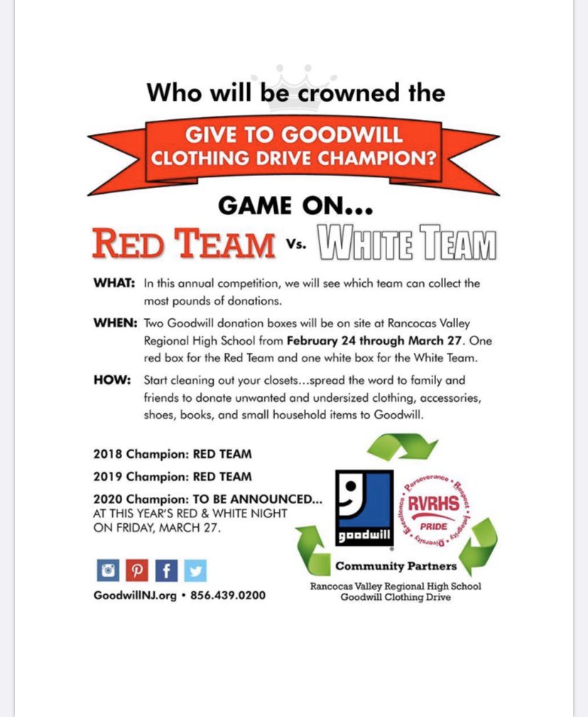 GET CLEANING OUT YOUR CLOSESTS!!! FEBRUARY 24th THE ANNUAL RED AND WHITE NIGHT EVENT “GIVE TO GOODWILL” BEGINS! WHO WILL BE CROWNED WINNER??? 🔴⚪️🔴⚪️