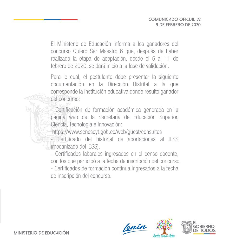 Educacion_Ec's tweet photo. ⚠ [COMUNICADO] @Educacion_Ec informa a los ganadores del concurso #QuieroSerMaestro 6, que después de haber realizado la etapa de aceptación, se da inicio a la fase de validación para lo cual el postulante debe presentar en la Dirección Distrital la siguiente documentación 👇 https://t.co/zXkcQumFEW