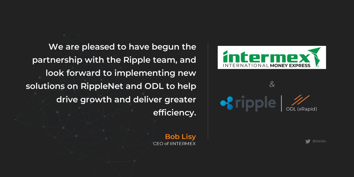 stedas's tweet photo. International Money Express announces partnership with @Ripple 

Intermex will utilize Ripple's On-Demand Liquidity (ODL) product, through RippleNet

@IntermexWire @Ripple #xrp https://t.co/HxPxB6LIHX