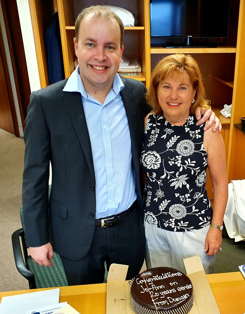 Congratulations <a href="/JoAnnMillerMP/">Jo-Ann Miller</a> on 20 years service to the community. Got her a chocolate cake with plenty of JAM in the middle! #qldpol