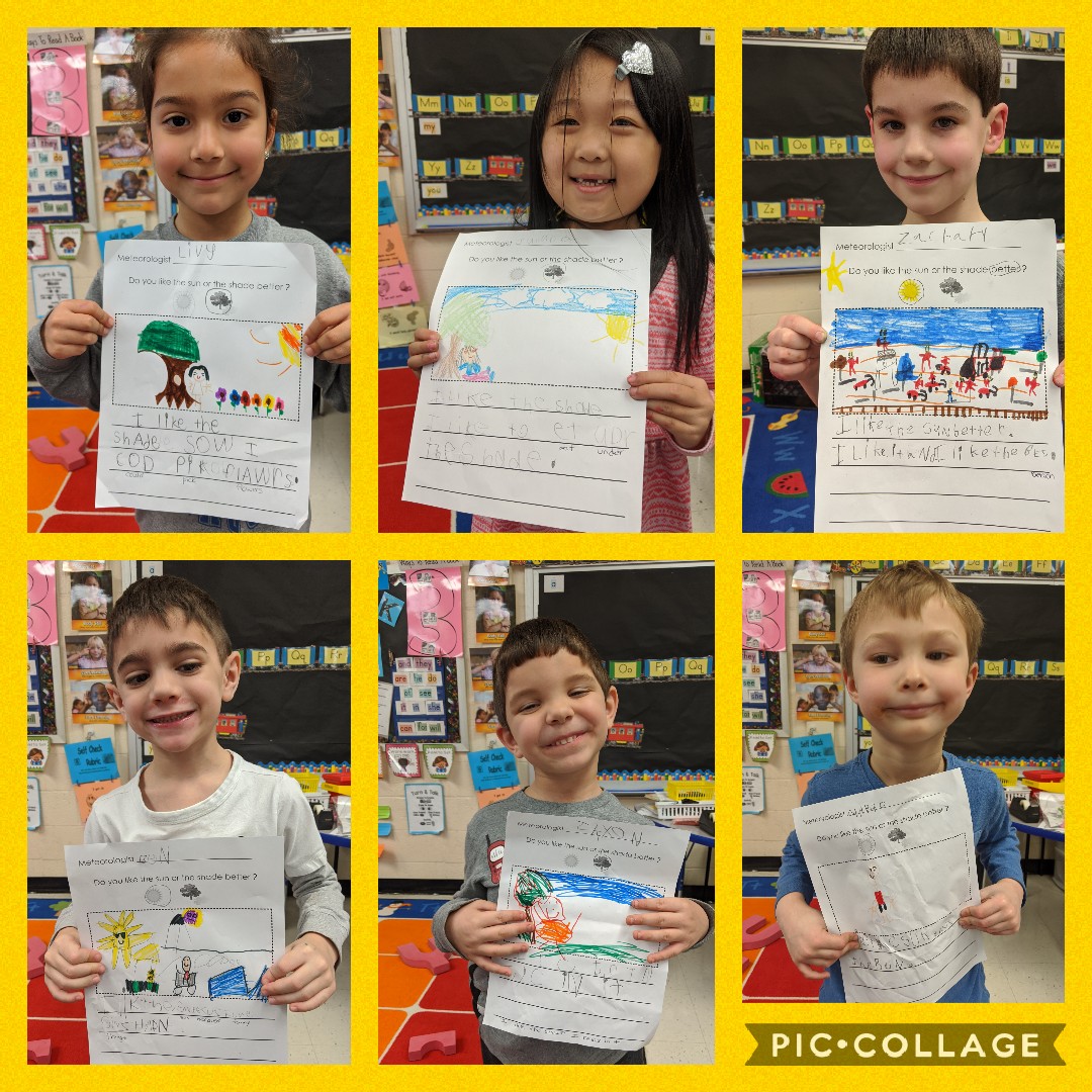 MissMcEleneyK's tweet photo. During science, we continued to talk about the sun and shade. Each meteorologist answered the question, "Do you like sun or the shade better?" Check out the beautiful illustrations &amp; writing @WoodcrestES!☀️⛱️🌳 #cherryhillscience #WEareCHPS #kindergarten https://t.co/9l3Gfvya3U