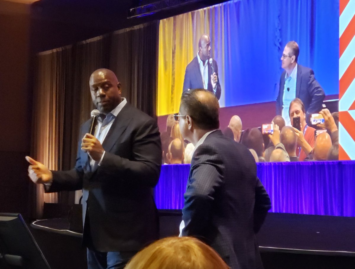 JonBrinton's tweet photo. "Discipline, Execution, Focus, Strategy... and love winning!" @MagicJohnson at #AvayaEngage with @Avaya's @frankciccone2. #MagicJohson, @IAUG & #Avaya #ChannelPartners #AllIn https://t.co/Sz4UlRCIeS