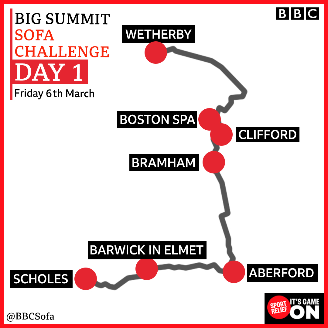 BBCSofa's tweet photo. BIG SUMMIT CHALLENGE 2020 ROUTE ANNOUNCED!
Day 1 - Scholes to Wetherby (14 miles) #BBCSofa https://t.co/AuaQaiN0T0