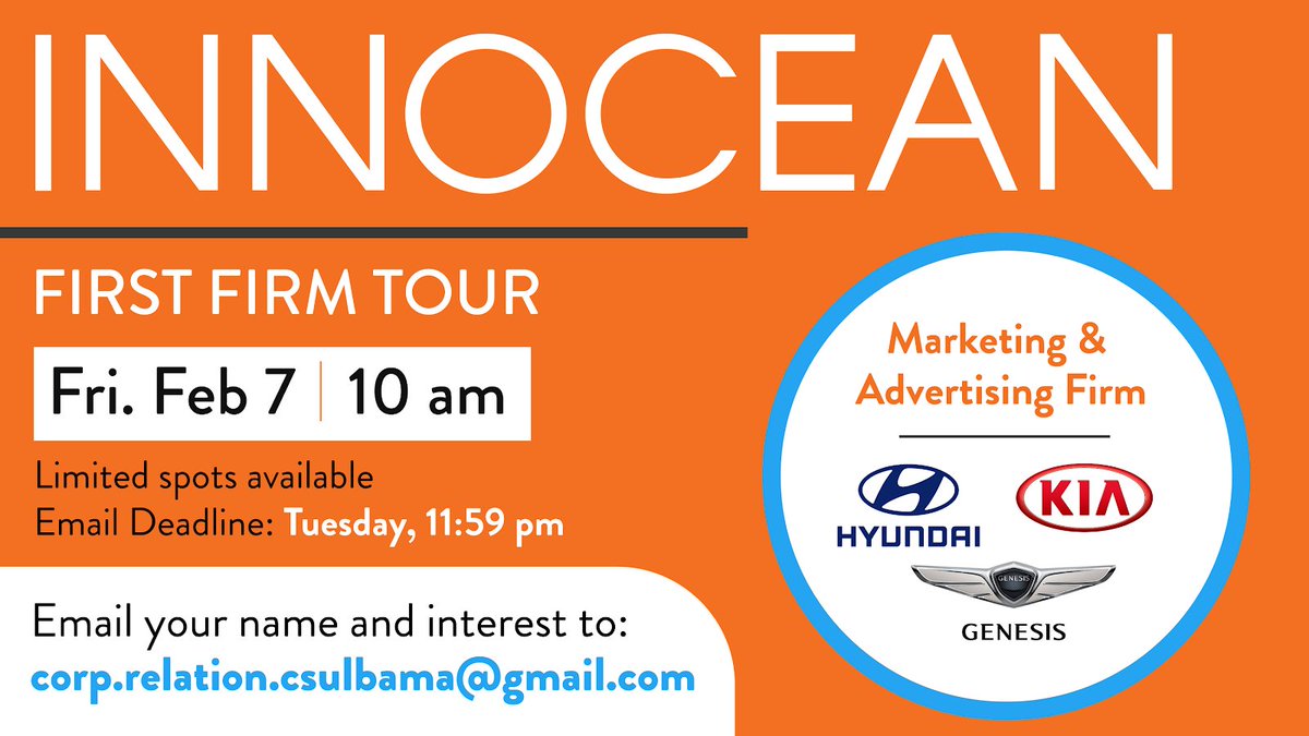 Don't forget we have the INNOCEAN firm tour this Friday! Please email your interest in attending to corp.relation.csulbama@gmail.com by tonight at 11:59 p.m.

#CSULB #AMA #marketing #college