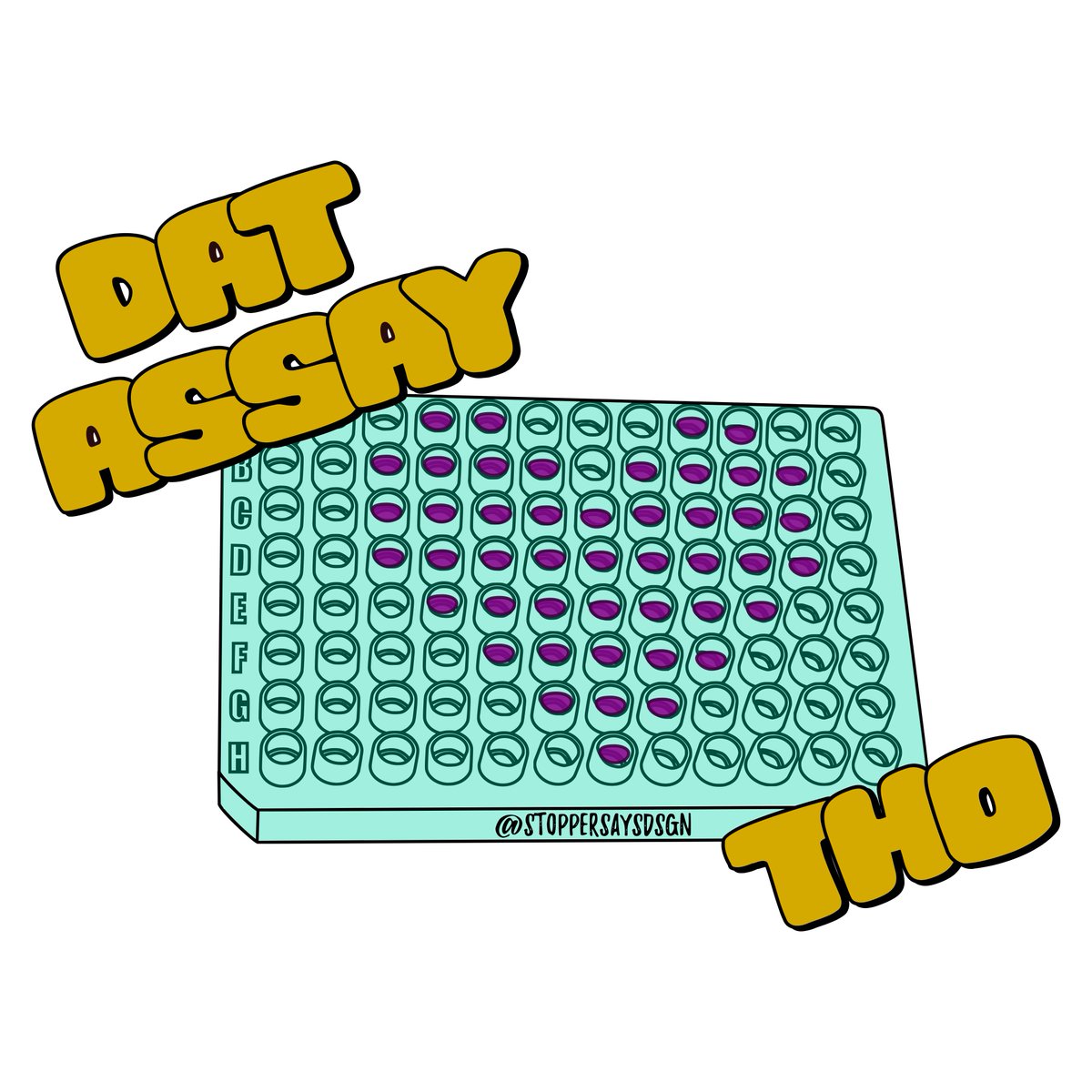 Cartoon picture of a 96 well plate. Wells are filled with liquid in a heart shape. Text reads That Assay Though