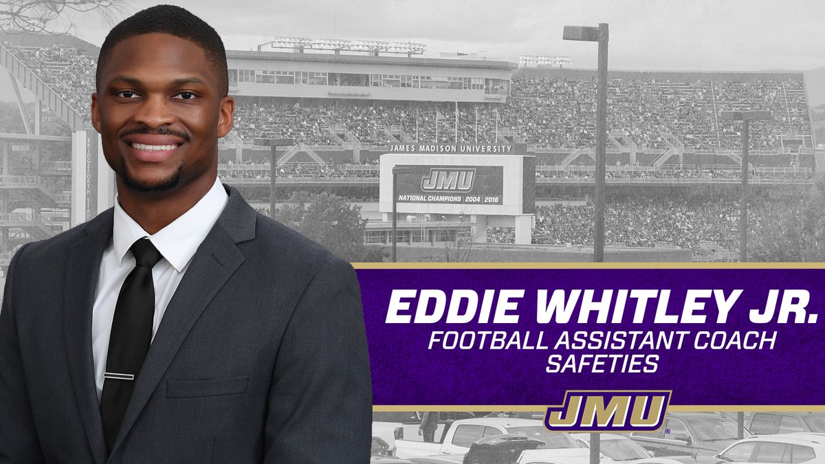 JMUFootball's tweet photo. Welcome home, Eddie Whitley Jr.!

Curt Cignetti announced the hiring of @EddieWhitley37 as JMU's new safeties coach for 2020.

📰 https://t.co/qMMhJkTm1v

#GoDukes https://t.co/5pWY9fFnj2