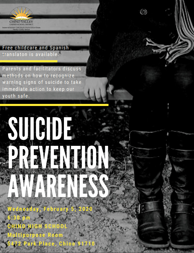 Don't forget to join us for the upcoming #SuicidePrevention Awareness Forum tomorrow evening at 6:30 pm in the <a href="/ChinoHSCowboys/">ChinoHSCowboys</a> MPR. Great information on how to #supportouryouth! #cvusd #chinovalley <a href="/800273TALK/">The Lifeline</a> <a href="/NAMICommunicate/">NAMI</a> #MentalHealthMatters #suicideawareness