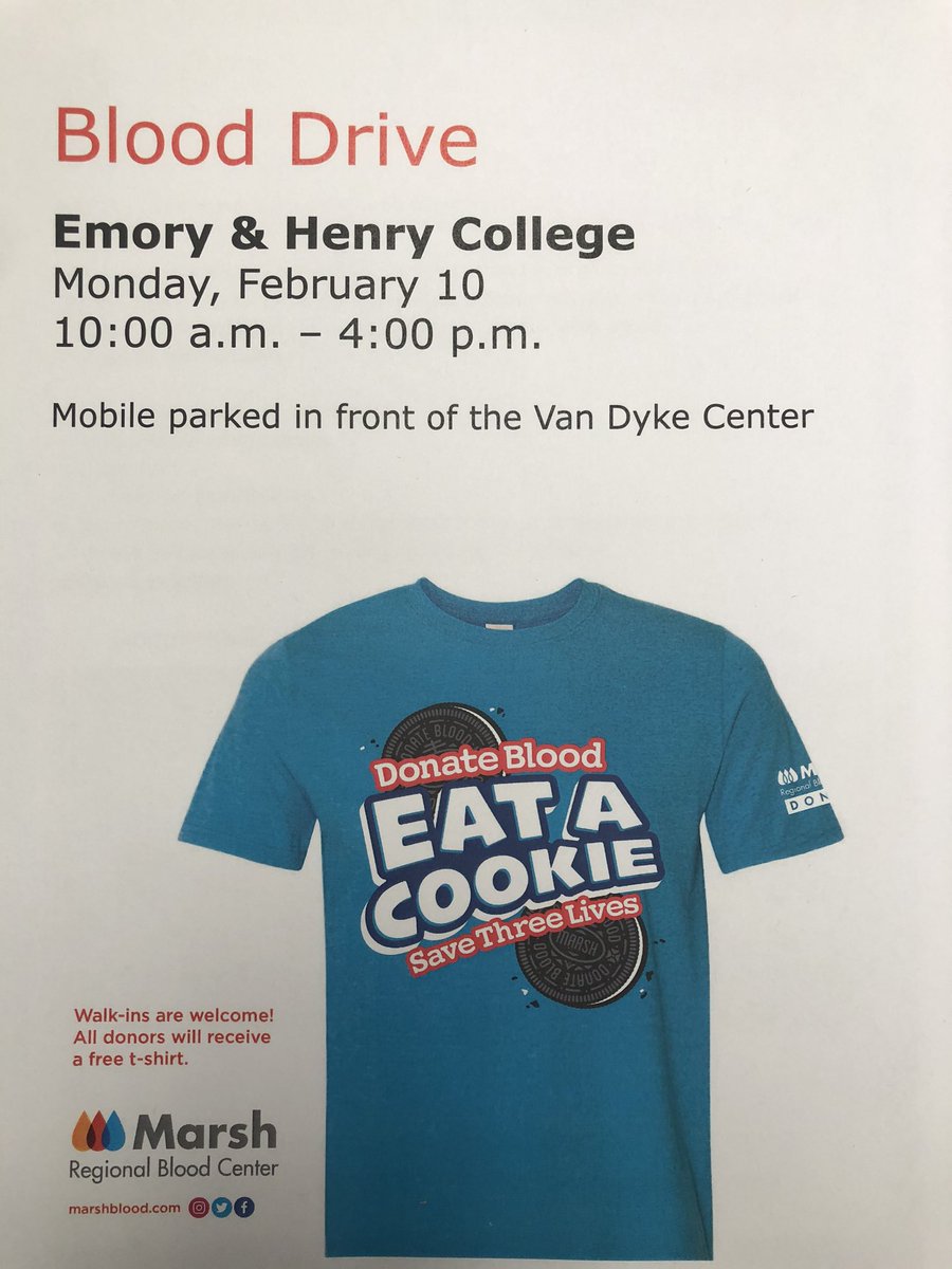 StingReliefEHC's tweet photo. Share the love! Be a blood donor!
@Marsh_Blood bloodmobile will be on the @emoryandhenry campus in front of Van Dyke on Monday, 2/10.
All blood types needed!
#1DonationSaves3Lives
#HelpHere https://t.co/LmmlvI8LZQ