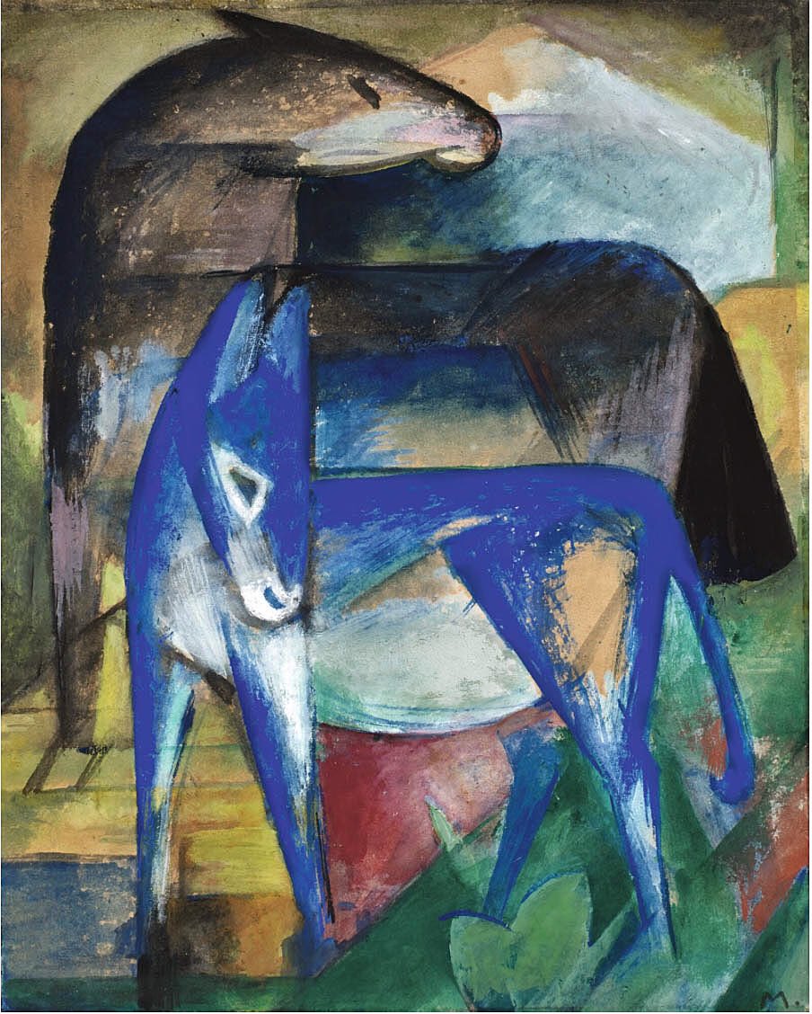 fineartaddict's tweet photo. Rare exquisite #FranzMarc “Zwei blaue Esel(Pferd und Esel)” (Two Blue Donkeys (Horse and Donkey) sold for 3.4 GBP (hammer) @Sothebys https://t.co/6OTSQXDEhW