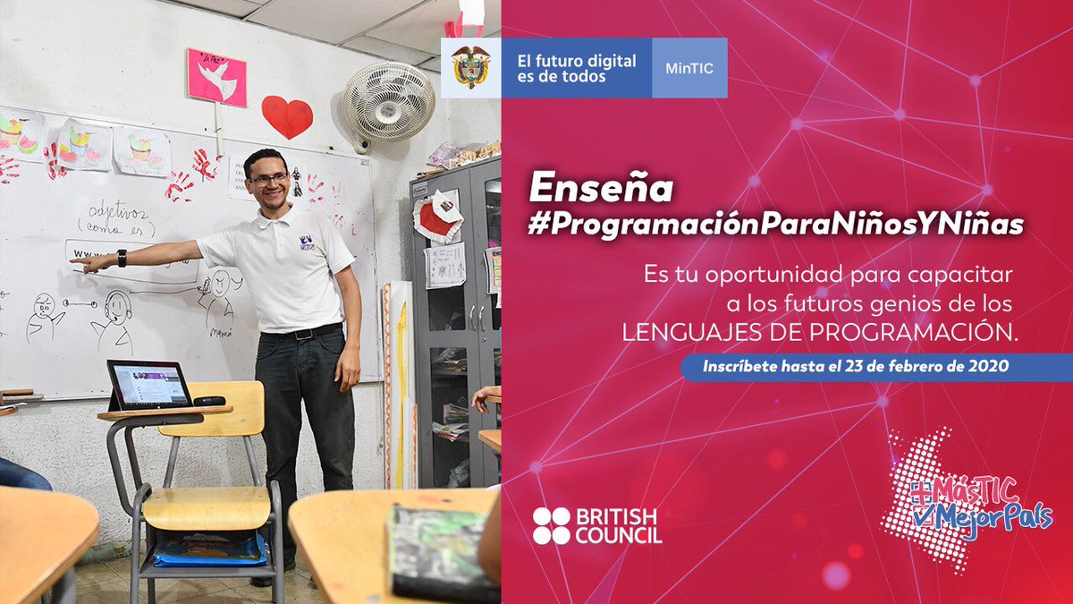 ConstainSylvia's tweet photo. ¡Sé parte del banco de mentores TIC interesados en la iniciativa de #ProgramaciónParaNiñosYNiñas! Este año capacitaremos a 63.600 estudiantes de colegios públicos en lenguajes de programación. Inscríbete 👉🏻 https://t.co/sD8rgXmsYZ https://t.co/8LrFTYJMCD
