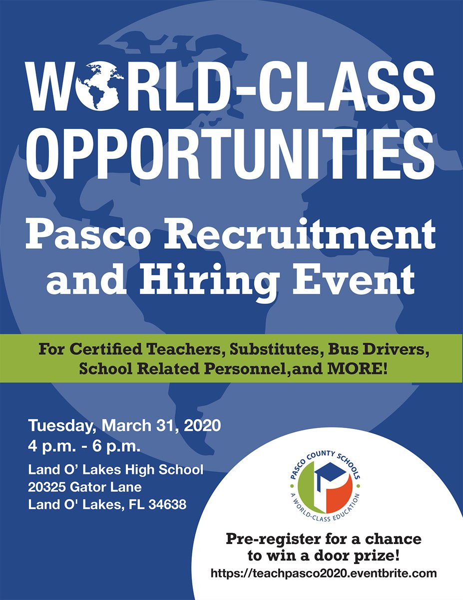 Come join us on March 31st from 4-6 pm at Land O' Lakes High School for our annual Spring Recruitment and Hiring Event! Our departments and schools look forward to seeing you.

Pre-register here: ow.ly/tGH350ydtvp

#teachpasco #pascoproud #worldclasseducation #jobfair