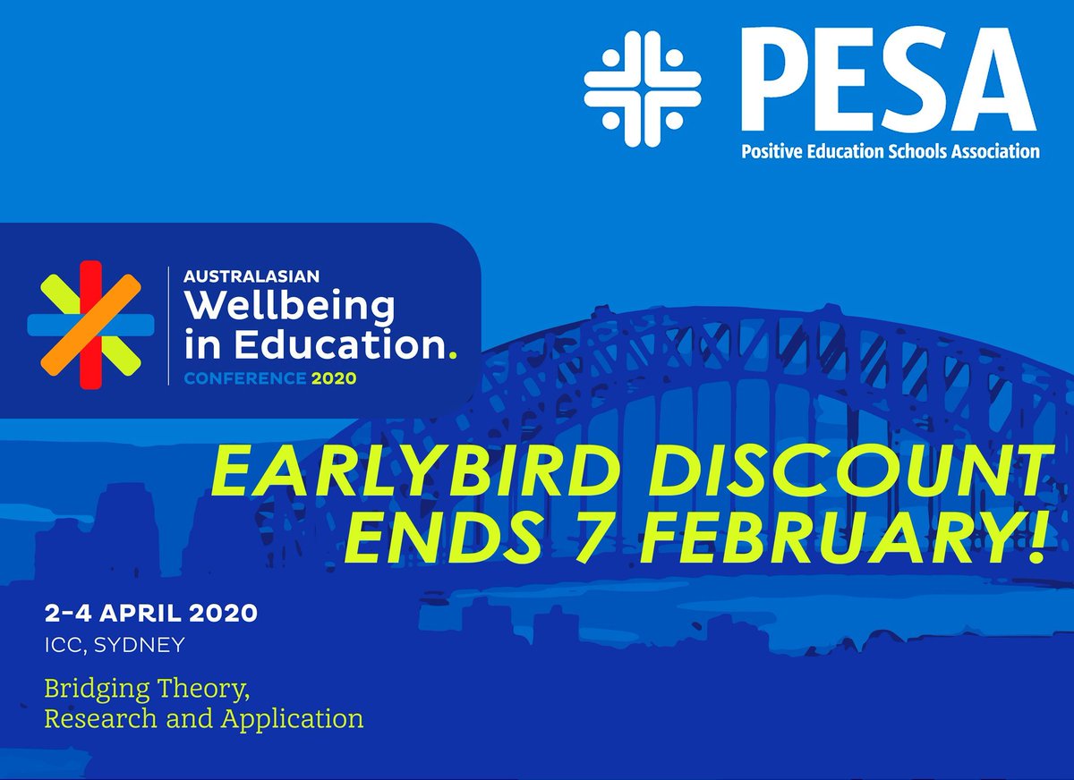 PESA_Aus's tweet photo. EARLYBIRD DISCOUNT ENDS 7 FEB for the 2020 Australasian Wellbeing in Education Conference! Join us for 3 days of world-class learning, connection and collaboration with local & international experts & thought leaders #PESA2020 Go to https://t.co/8GGkfykok1 #PosEd REGISTER NOW! https://t.co/KD4rCroQeu