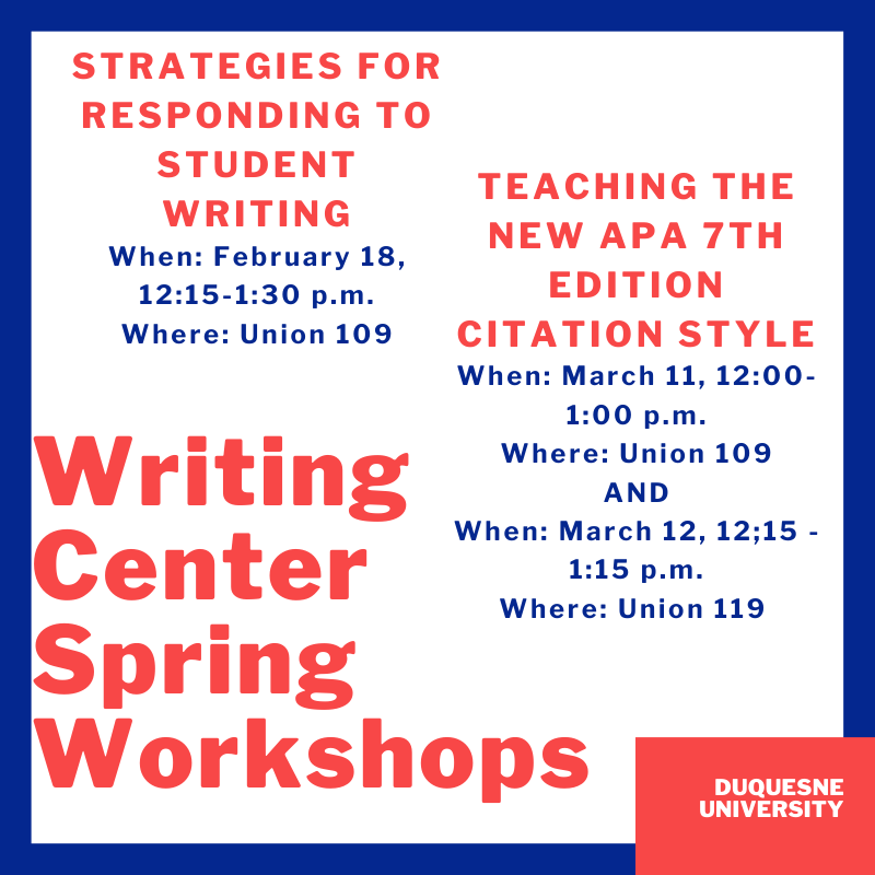 DU_WriteCenter's tweet photo. Curious about our upcoming Spring workshops? To register, visit https://t.co/rlEXesKuzX #DuquesneUniversity #WritingCenter #SpringWorkshops https://t.co/MWnlPsTmKR
