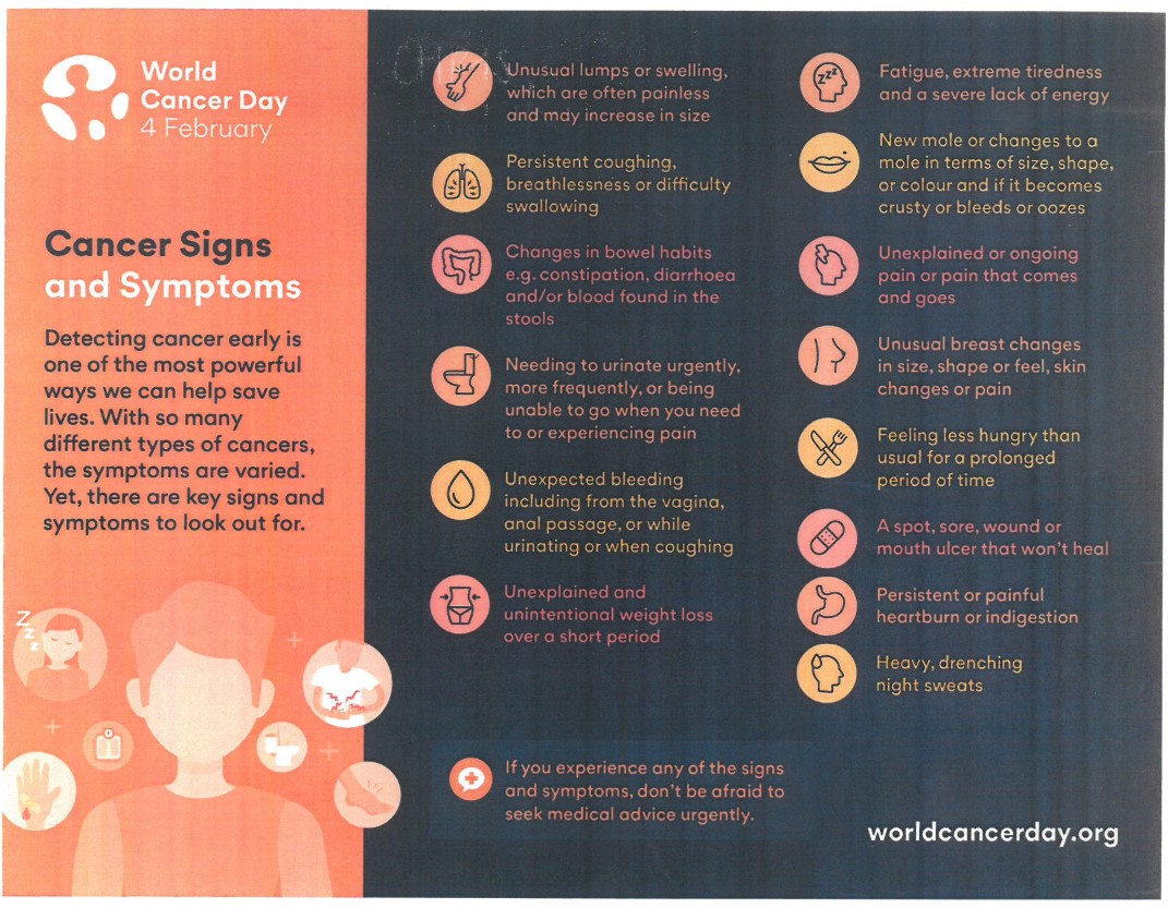 HealthyManatee's tweet photo. World Cancer Day (Feb. 4) is a day to remember that early detection saves lives. With so many different types of cancers, the symptoms are varied. Yet there are key signs and symptoms to look out for. Check out this chart, courtesy of https://t.co/oi9OONphPd! https://t.co/TM5ALmTKXE
