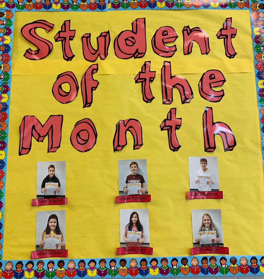 MiddleWaverly's tweet photo. Congratulations to the following Students of the Month Tyler G, Chase M, Cohen B, Hazel J, Alyssa R, and Ellie B. Good job and keep up the great work. #Ourwms #D145News https://t.co/whSckCwJi5