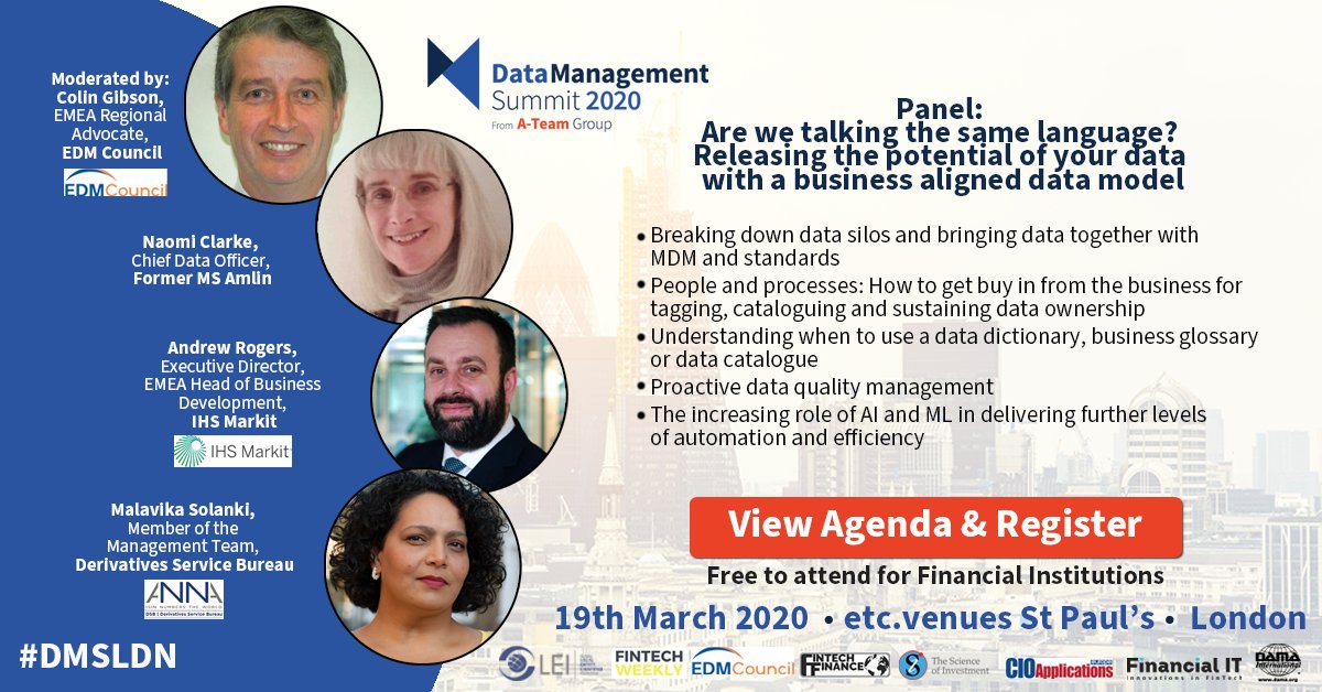 Get ready for Data Management Summit 2020 in London!

Hear these experts from <a href="/edmcouncil/">EDM Association</a>, <a href="/IHSMarkit/">IHS Markit now S&P Global</a>, <a href="/DSB_ISIN/">Derivatives Service Bureau</a> and more discuss how to maximize the potential of your data by aligning your data model. 

View the agenda and register: ow.ly/wHiR50y9HZv