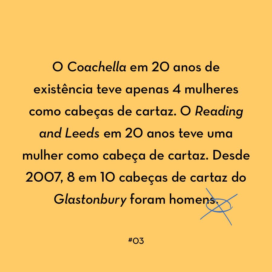 jammpt's tweet photo. Quando falamos em festivais também temos de falar de representatividade de género nos seus cartazes.
⠀
A análise aprofundada de Joana Martins está presente no artigo “Este é um mundo de Homens”. 

Para ler na edição #3. https://t.co/AUsS9f2JEM