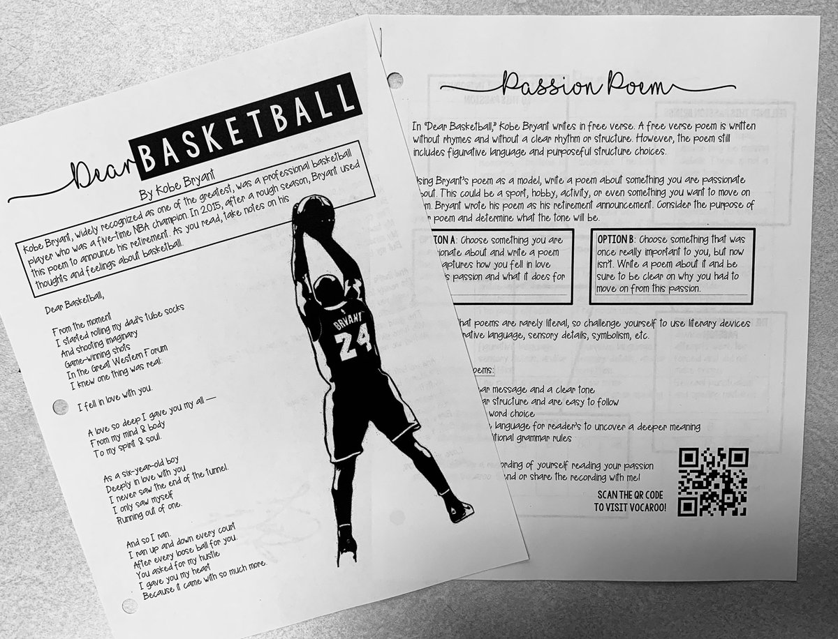 MrsBurkeJTDS's tweet photo. Today students closely read Kobe Bryant’s poem, “Dear Basketball” and contrasted the experience of reading the poem and viewing the short film version. They also began to write their own poems about something they are passionate about. https://t.co/xoIjBmIRC5