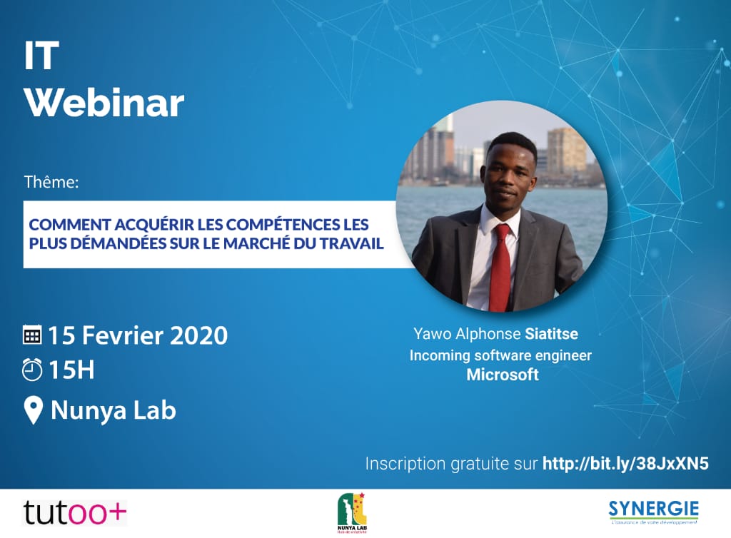 RDV le 15 FÉVRIER 2020 à 15H GMT à NUNYA LAB pour ceux qui sont Lomé-Togo

En direct sur nos smartphones, tablettes et PC pour ceux qui ne sont pas à Lomé

Inscription OBLIGATOIRE et Gratuite sur  bit.ly/38JxXN5