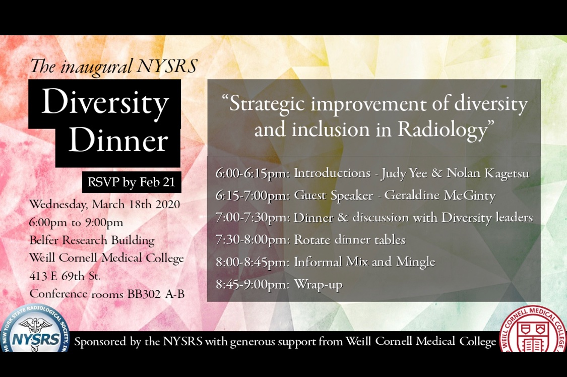 Excited to announce the details of the NYSRS Inaugural Diversity Dinner! We welcome and encourage attendance from radiology residents across the state to join this exciting event aligning with the ACR’s strategic plan for improvement of diversity and inclusion in Radiology!