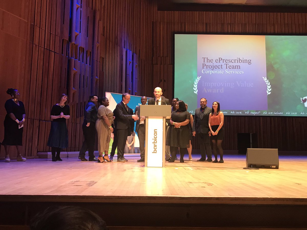 NHS_ELFT's tweet photo. And the winner of the ‘Improving Value’ award goes to...The ePrescribing Project Team, Corporate Services! Well done team 👏🏾👏🏻👏👏🏿🎉 #ELFTAwards https://t.co/Y9BQbsvPV0