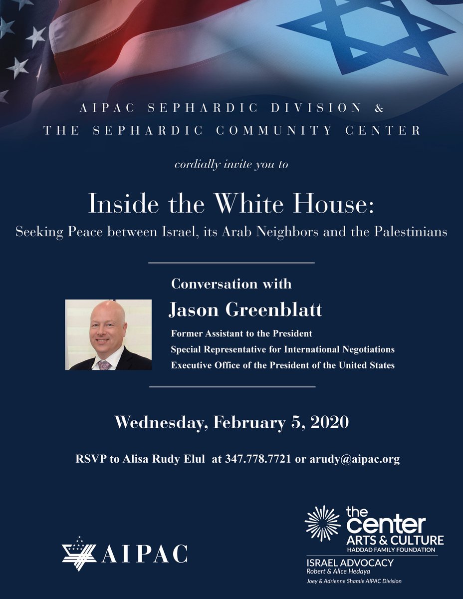 Jason D. Greenblatt (@greenblattjd) on Twitter photo Iโm excited to join <a href="/AIPAC/">AIPAC ๐บ๐ธ๐ฎ๐ฑ๐๏ธ</a> and the <a href="/SCCBrooklyn/">Sephardic Center</a> tomorrow for Inside the White House: Seeking Peace between Israel, Its Arab Neighbors and the Palestinians. Iโm excited to join <a href="/AIPAC/">AIPAC ๐บ๐ธ๐ฎ๐ฑ๐๏ธ</a> and the <a href="/SCCBrooklyn/">Sephardic Center</a> tomorrow for Inside the White House: Seeking Peace between Israel, Its Arab Neighbors and the Palestinians.