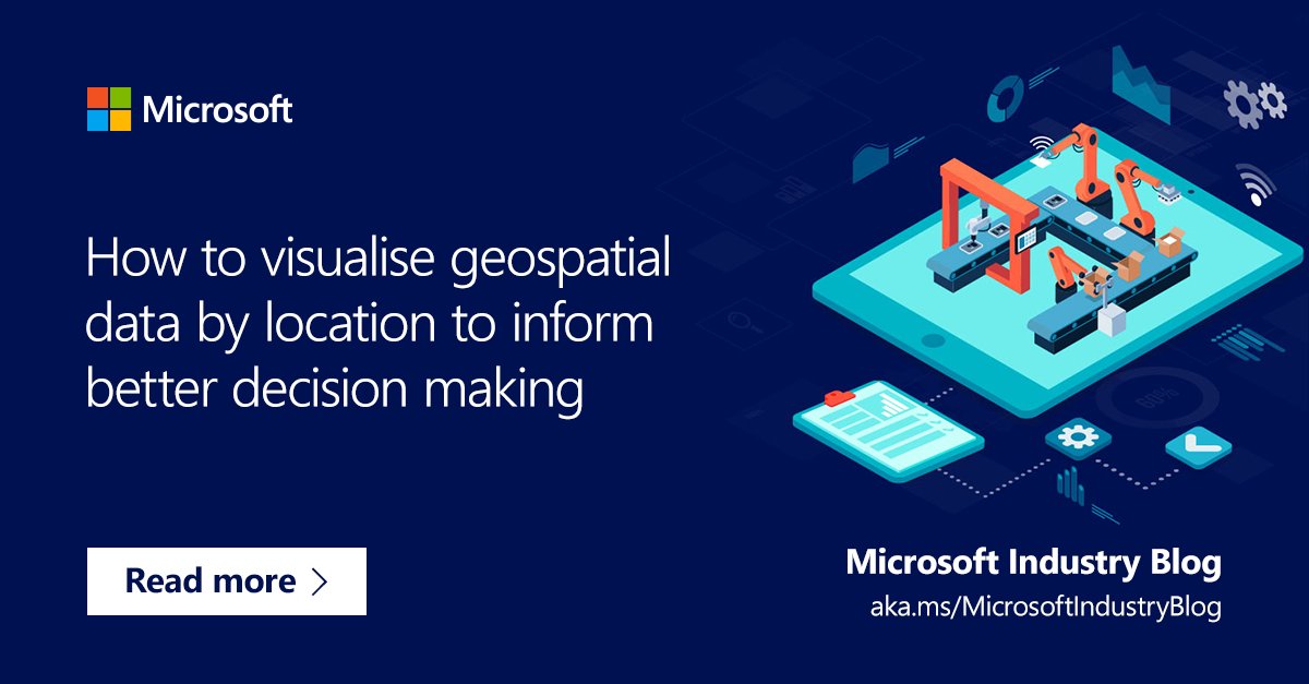 "How to visualise geospatial data by kocation to inform better decision making" is displayed against a blue background. On the right is a vector drawing of a factory.