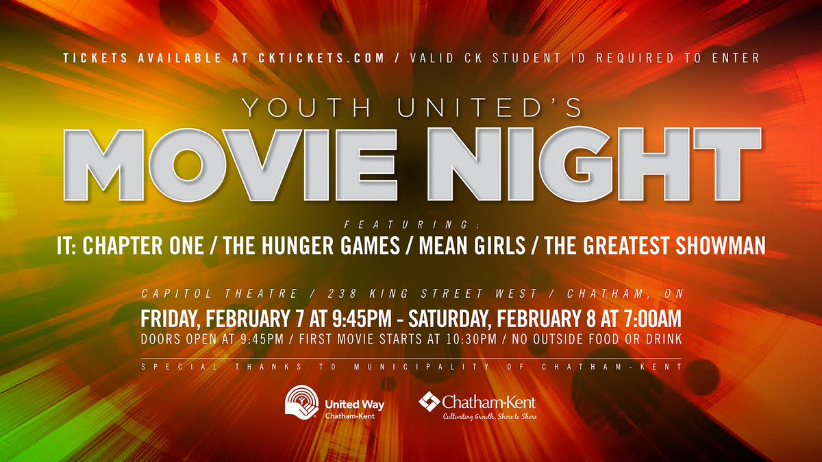📣📣 Hey <a href="/wdsstartans/">WDSS</a> <a href="/tdhstitans/">TDHS</a> @ridgetown_dhs <a href="/BDHSCats/">Blenheim Bobcats</a> This Friday there is an all night Movie Party at @Chatham_Capitol for #CKont teens only! Tickets are $25 - get them in advance here 👉 ow.ly/HvUv50ydv11 or at the door.