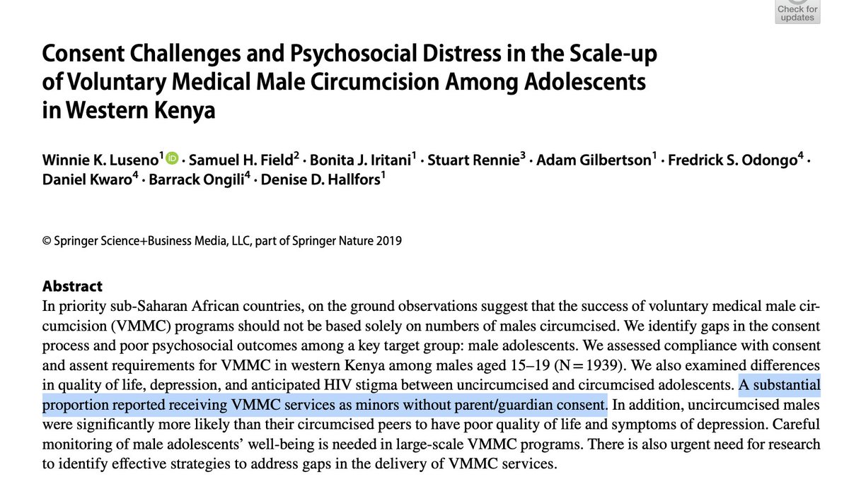 Luseno et al. (2019) estimate that more than 35,000 CDC-sponsored circumcisions in Kenya alone between 2013-2016 may have been done on non-consenting children *without even parental permission* (which legally renders the surgeries assault and battery). Finally, there is some