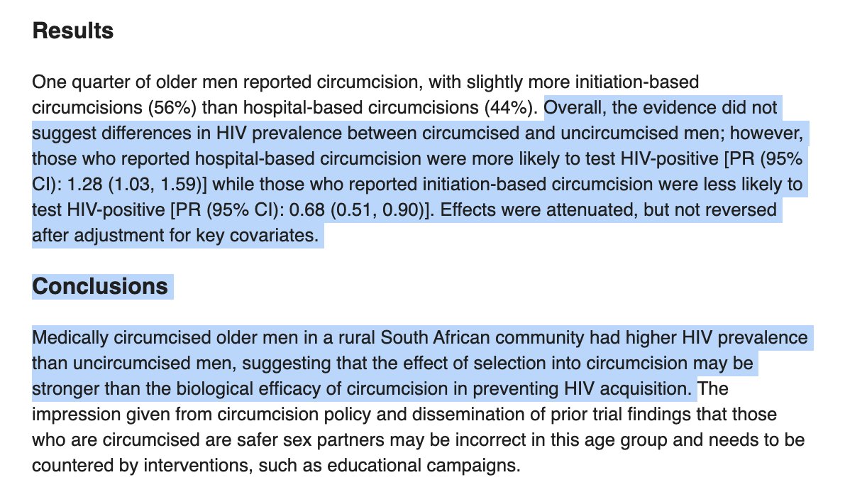 emerging work suggesting that, in some regions, HIV may have become more prevalent among medically circumcised males since start of the mass campaign, for example, Rosenberg et al. (2018) ( https://journals.plos.org/plosone/article?id=10.1371/journal.pone.0201445), Garenne et al. (2019) ( https://www.ncbi.nlm.nih.gov/pubmed/31608845 ) - see screenshots
