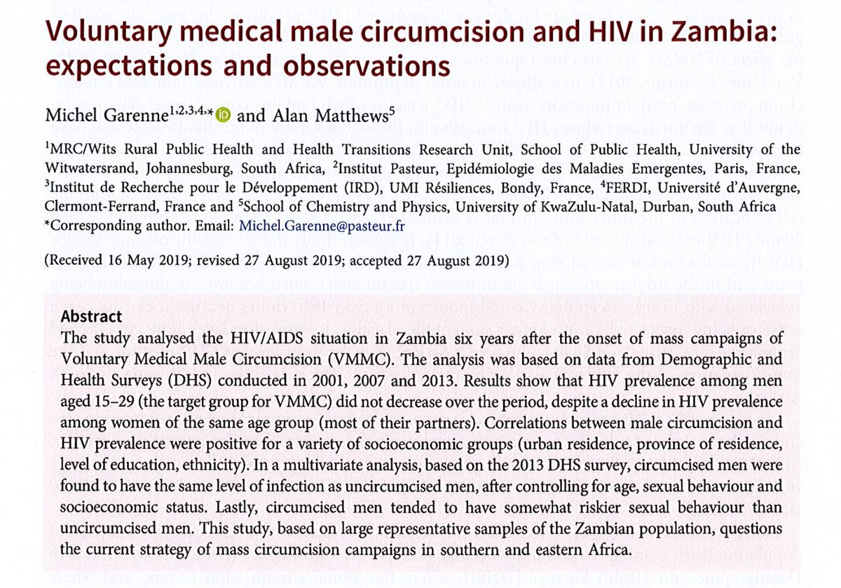 emerging work suggesting that, in some regions, HIV may have become more prevalent among medically circumcised males since start of the mass campaign, for example, Rosenberg et al. (2018) ( https://journals.plos.org/plosone/article?id=10.1371/journal.pone.0201445), Garenne et al. (2019) ( https://www.ncbi.nlm.nih.gov/pubmed/31608845 ) - see screenshots