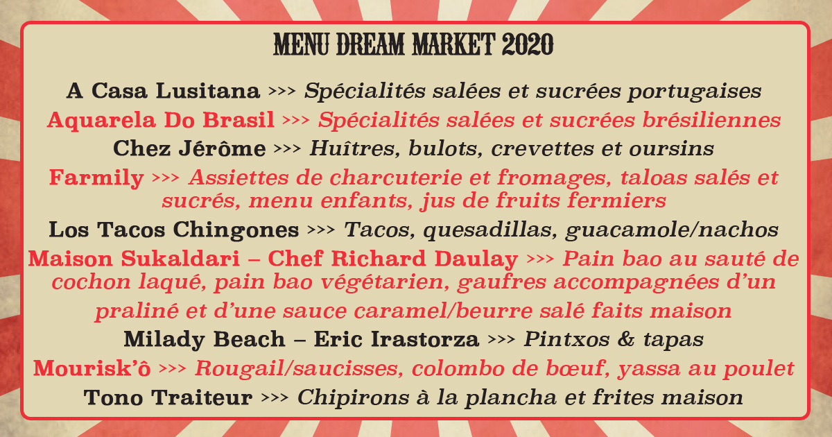 DreamMarket64's tweet photo. Stands restauration, bars à thème, programmation musicale, animations, services, horaires...voici toutes les infos utiles si vous venez au Dream Market Biarritz 🥳🎪
#DMB2020 #FoodMarket #Biarritz https://t.co/t2ecL0u0Dw