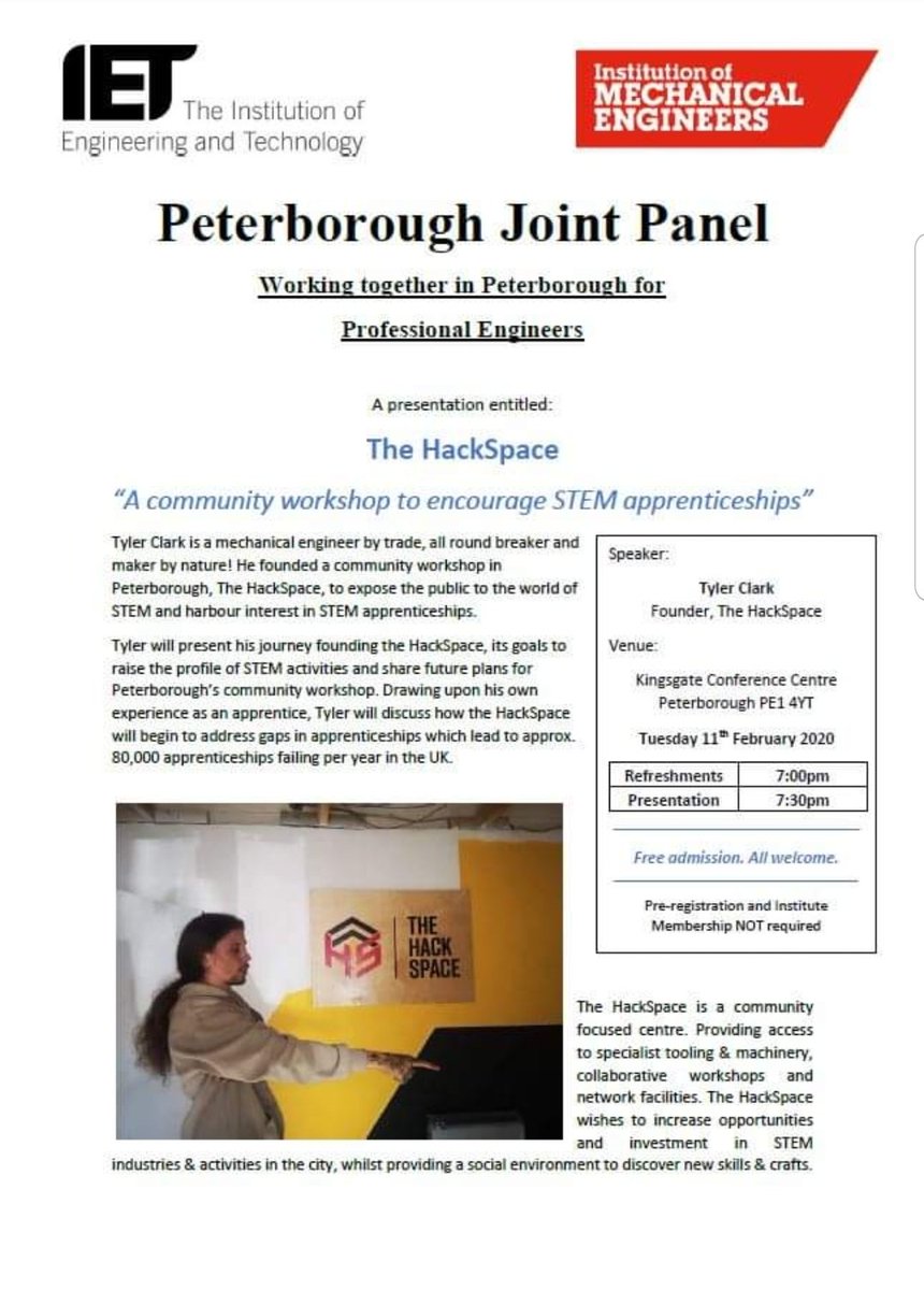 TheHackSpace1's tweet photo. Pretty excited for this! 

I'll be talking about why I was such a terrible #apprentice and what we can do in industry to ensure #apprenticeships meet the needs of both employer and employee 😊

#iet #imeche https://t.co/Uphi0j3kJi