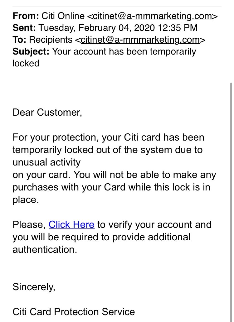 NSP_TechCrimes's tweet photo. Again... #NiceTryScammer... but I’m not falling for it. Clue #1 was that I don’t have an account with that company. Clue #2 was the generic, poorly formatted email. Clue #3 was when I mouse over the link, it’s definitely NOT a #CitiBank site #NeverClickTheLink #InfoSec #CyberSec https://t.co/P2DRXBhyCQ