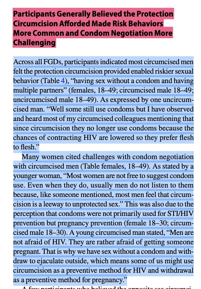 Consistent w this, Ledikwe et al. (2020) held 27 in-depth focus groups w 238 Botswana community members, finding in all groups, wide agreement that many circumcised men no longer used condoms, e.g., "chance of HIV lower, so they prefer flesh to flesh"  https://link.springer.com/article/10.1007/s10508-019-01589-7