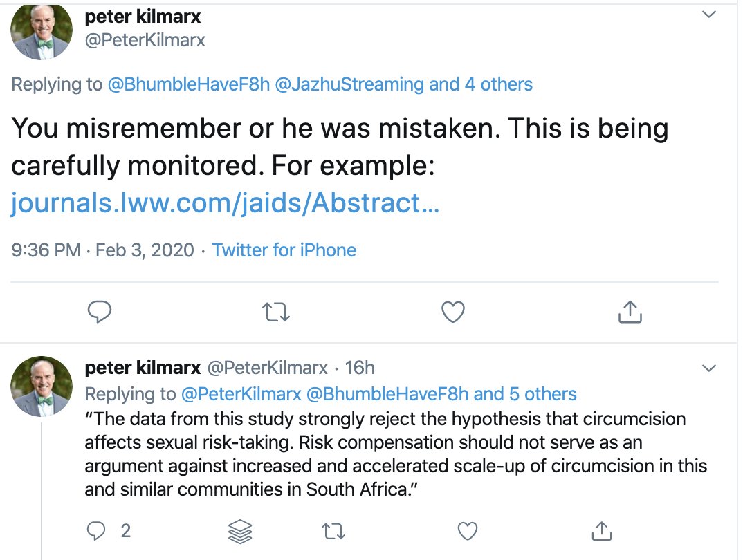 When alerted to these results,  @PeterKilmarx linked to this paper ( https://journals.lww.com/jaids/Abstract/2019/03010/Does_Incident_Circumcision_Lead_to_Risk.6.aspx) which hyperbolically and in a blanket fashion asserts that their data "strongly reject the hypothesis" that circumcision (in any way) affects sexual risk taking. So I read the study ...