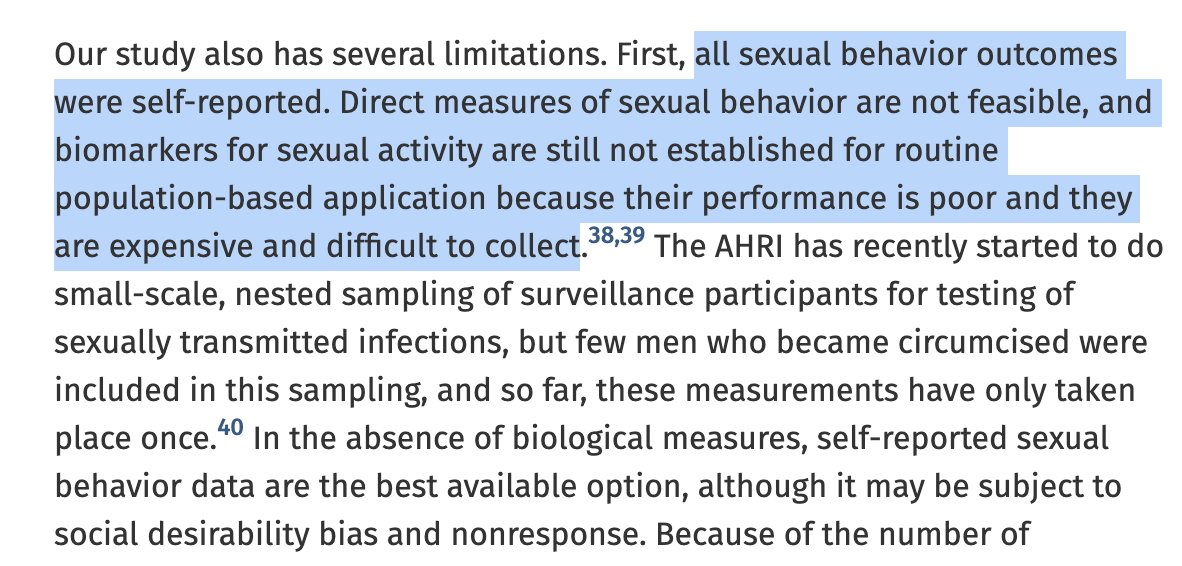 and found that all sexual behavior outcome variables were self-reported, with no biomarkers, and not even an attempt to measure and control for social desirability response bias, which is an enormous concern for studies like this. Obviously, admitting to an investigator that ...