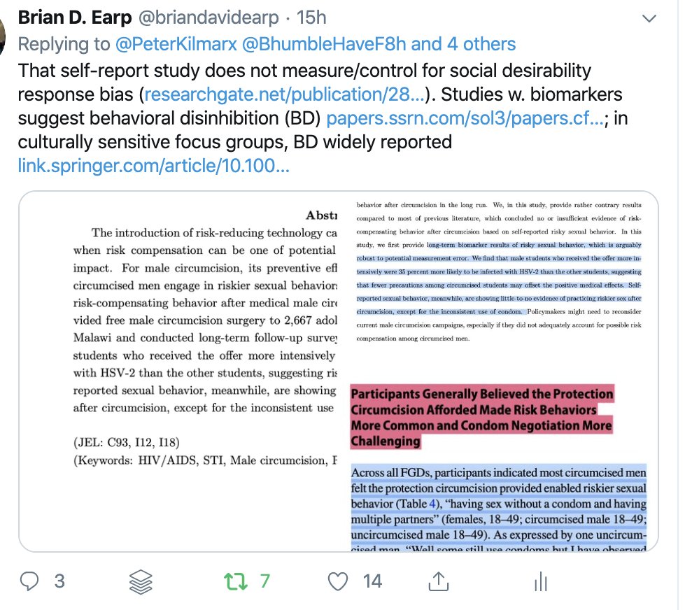 that you're engaging in riskier sex could be pretty embarrassing (the data came from in-person interviews). So I sent  @PeterKilmarx a paper emphasizing importance of accounting 4 SDR bias in such studies, plus some prelim. data w. biomarkers suggesting potential risk compensation