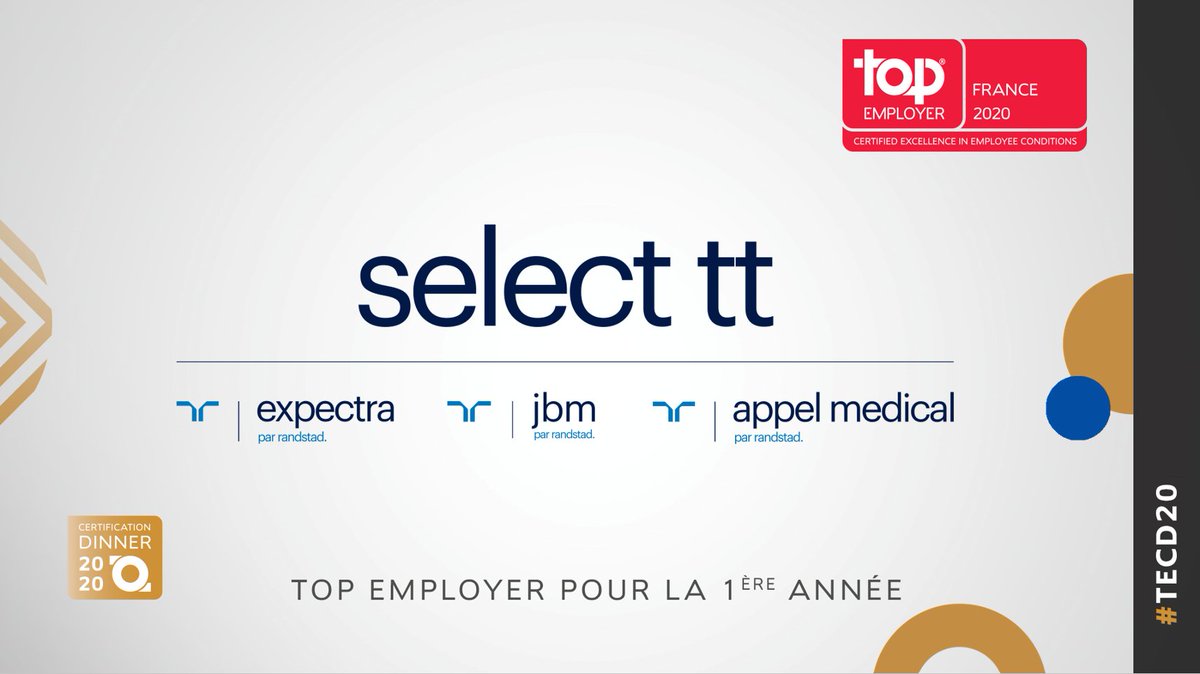 TopEmployers_F's tweet photo. [Annonce] Une récompense méritée pour 3 entités du @GroupRandstadFR : @randstad_france, Randstad Inhouse et Select TT (@expectra_emploi, JBM, @appel_medical) 📣🎉🏆 @TopEmployers_F #RH #HR 
#TECD20 #ForABetterWorldOfWork https://t.co/wnKL4CL4G8