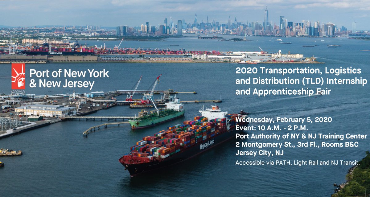 portjersey's tweet image. Don&apos;t miss us at the Port of New York and New Jersey&apos;s 2020 Transportation, Logistics
and Distribution (TLD) Internship and Apprenticeship Fair tomorrow:

Wednesday, February 5, 2020
Event: 10 A.M. - 2 P.M.
2 Montgomery St., 3rd Fl., Rooms B&amp;amp;C
Jersey City, NJ