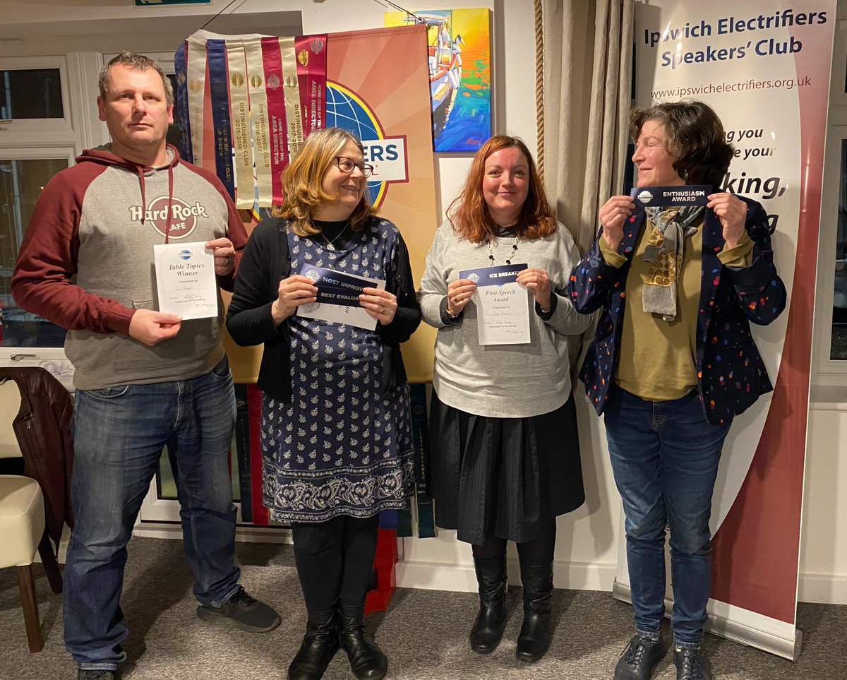 IpsElectrifiers's tweet photo. And last meeting's winners are...
• Ian Harper - Table Topics winner &amp; welcome back!
• Jackie Collins - Best Evaluator 
• Cathy Shelbourne - winner of the Enthusiasm Award ⚡️
• Sam Brook - First Speech Award 🥳
Congrats 🙌 https://t.co/8Jn3rZwq3Y
