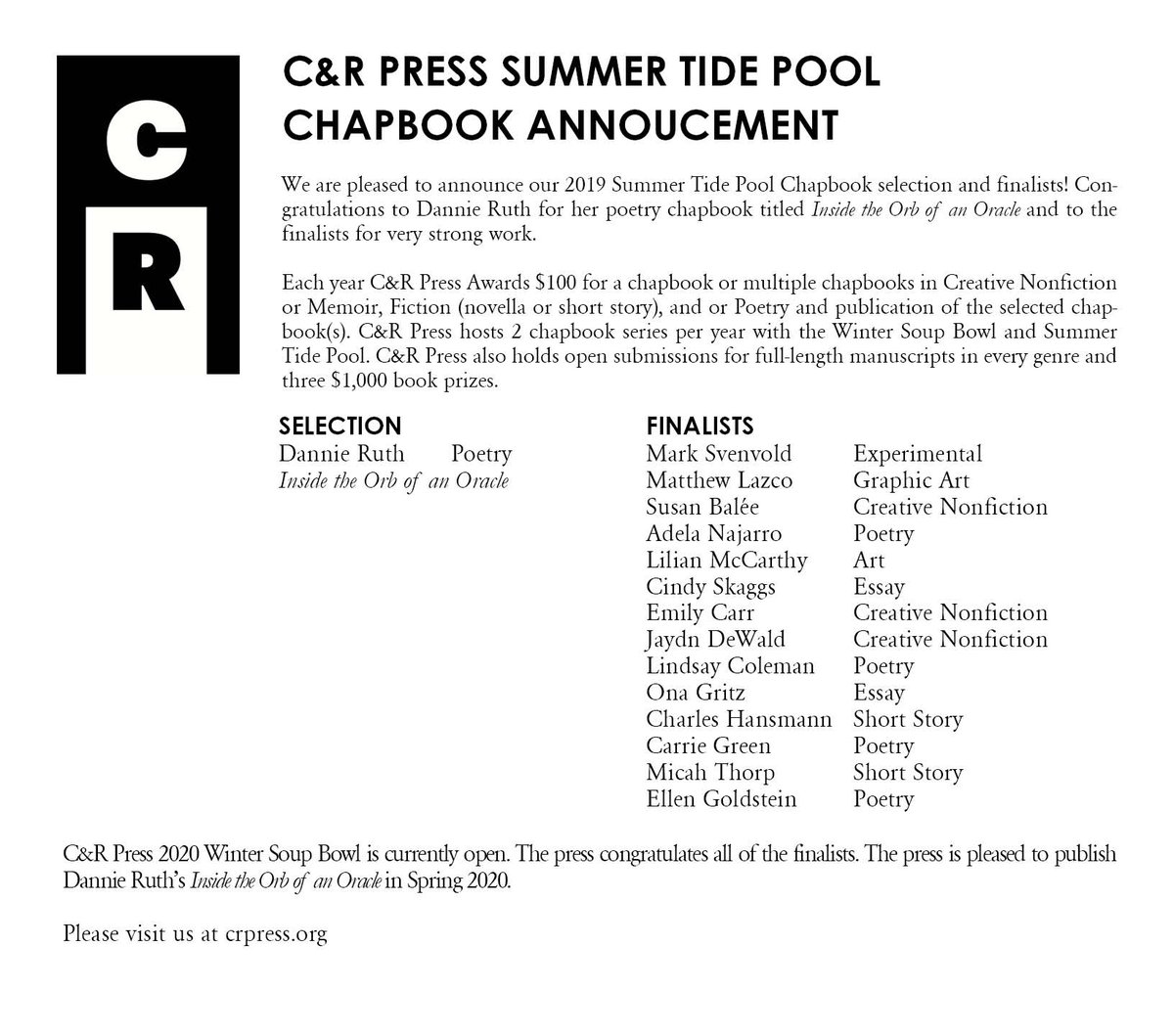 CRPress's tweet photo. We are pleased to announce our Summer Tide Pool Chapbook selection and finalists! Congrats to @_dannieruth eruth for her poetry chapbook titled, Inside the Orb of an Oracle, and to the finalists and all submissions for really strong work. https://t.co/3jARpXLmcG