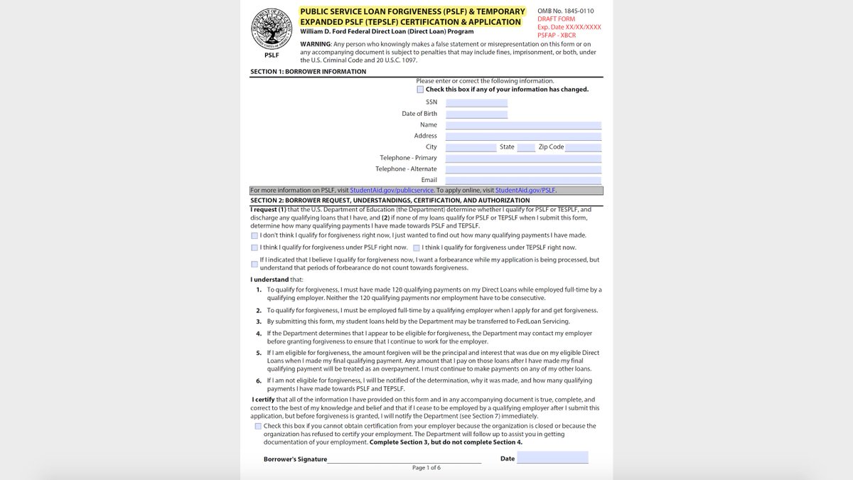 A draft form is titled: "Public Service Loan Forgiveness (PSLF) & Temporary Expanded PSLF (TEPSLF) Certification & Application"