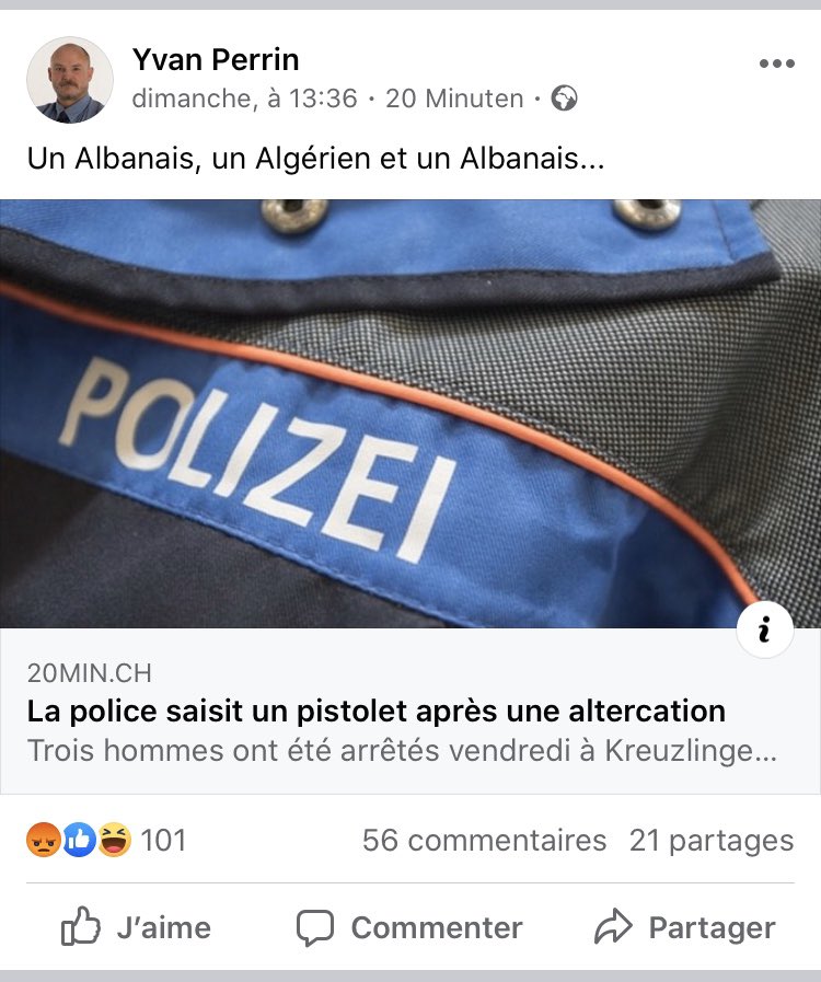 VaudL's tweet photo. La xénophobie, totalement impunie et étalée à la vue de tous d’@yvan_perrin ça vous semble normal? @Lematinch @letemps @RadioTeleSuisse Il y a une forme d’antagonisme chez les médias; prônant la lutte contre le racisme d’un côté et n’en dénonçant pas les protagonistes de l’autre. https://t.co/zG3MEJByL7