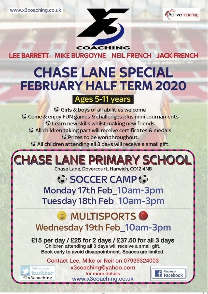 x3Coaching's tweet photo. Our Half Term dates for the Soccer and Multisport Camps at @ChaseLaneSchool are out now. All abilities are welcome. Visit https://t.co/B7Z21z5yFU for booking details and further information ⚽️🏀🎾 https://t.co/sUBaFikymi